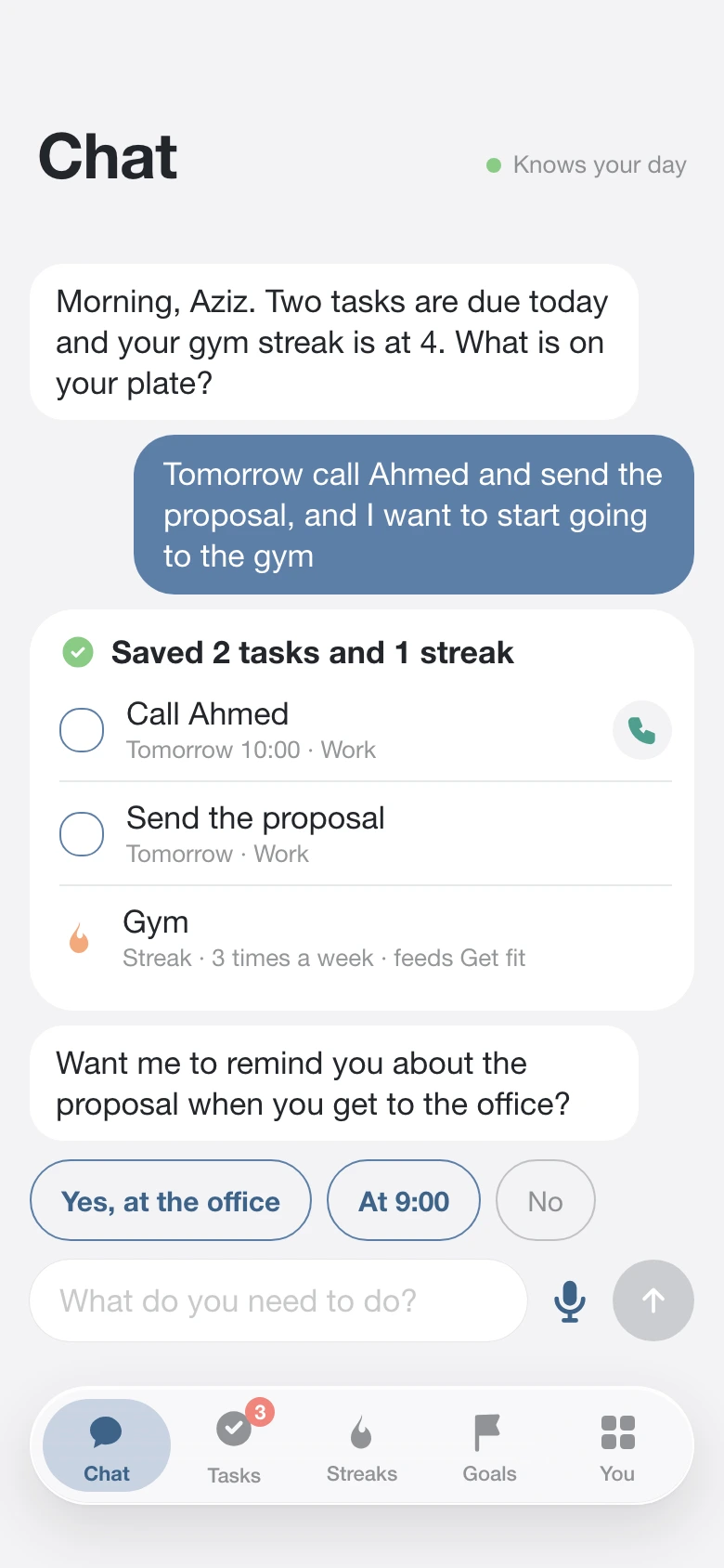 Maham chat: one sentence saved as two tasks and a habit