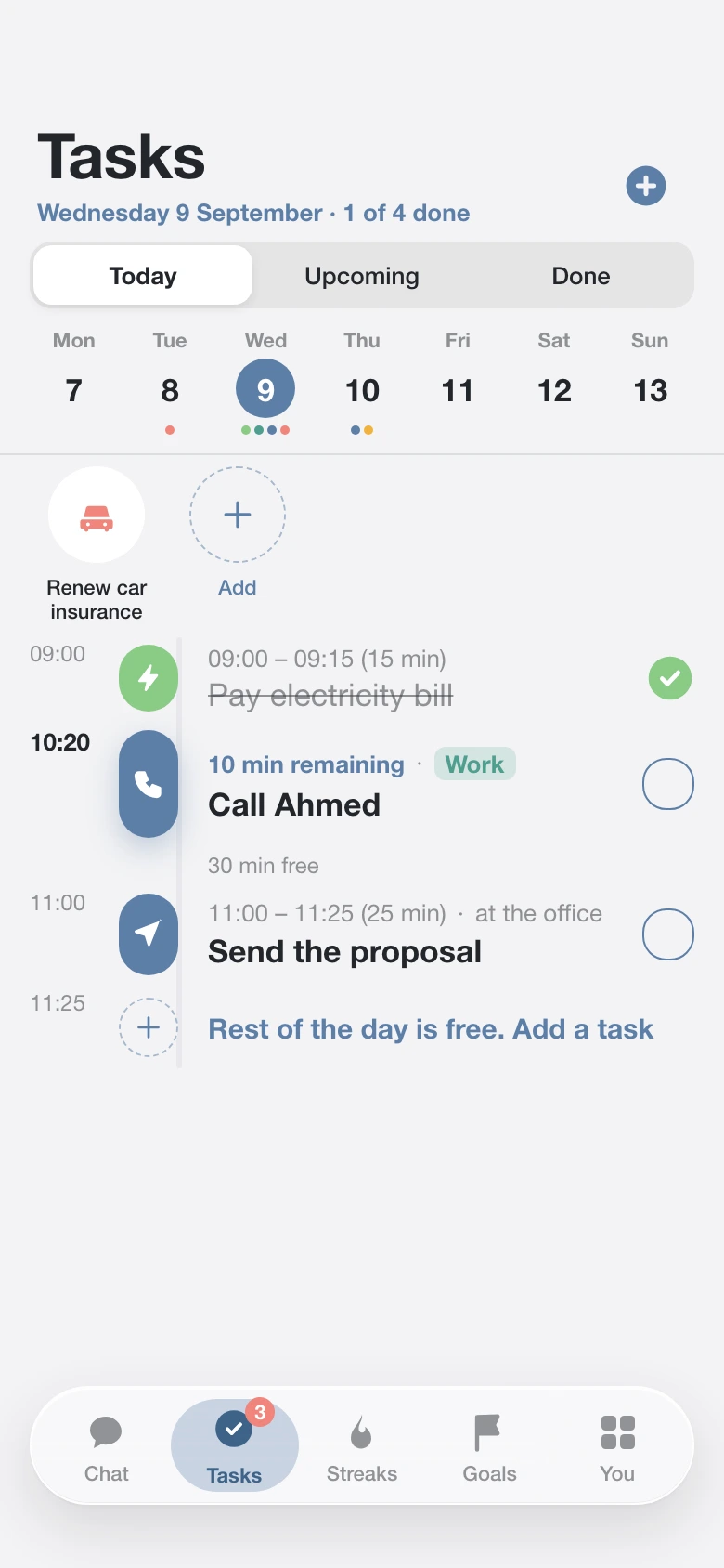 Maham day view with a timeline of tasks